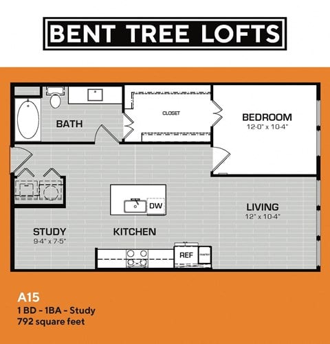 Floor plan for 1 bed, 1 bath, 792 sqft